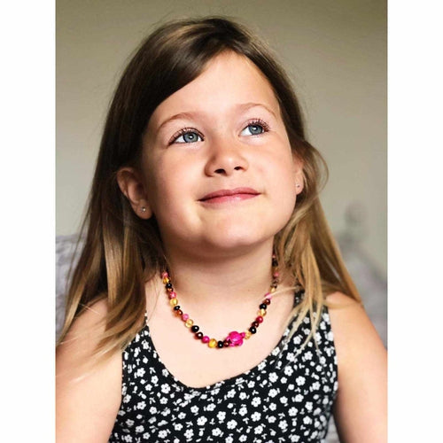 Child's Shelly Pink Turtle Necklace with Rainbow Baltic Amber and Jasper