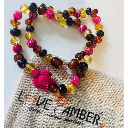 Child's Shelly Pink Turtle Necklace with Rainbow Baltic Amber and Jasper