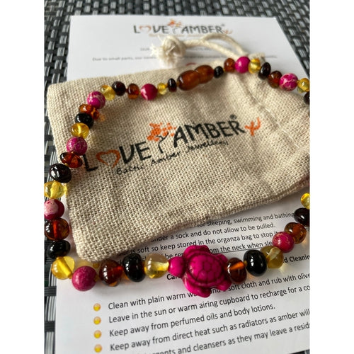Child's Shelly Pink Turtle Necklace with Rainbow Baltic Amber and Jasper