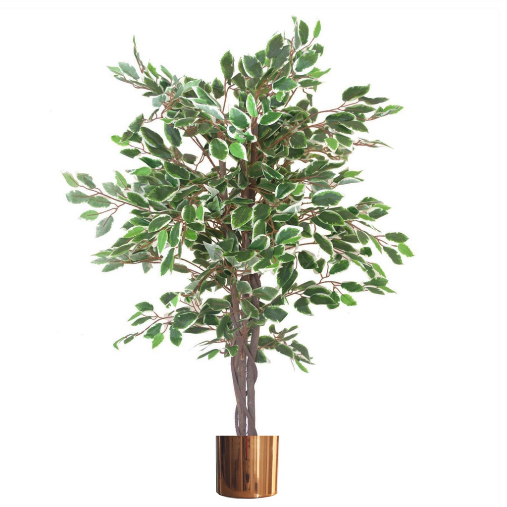 130cm Realistic White Edge Ficus Artificial Plant with Copper Metal Planter