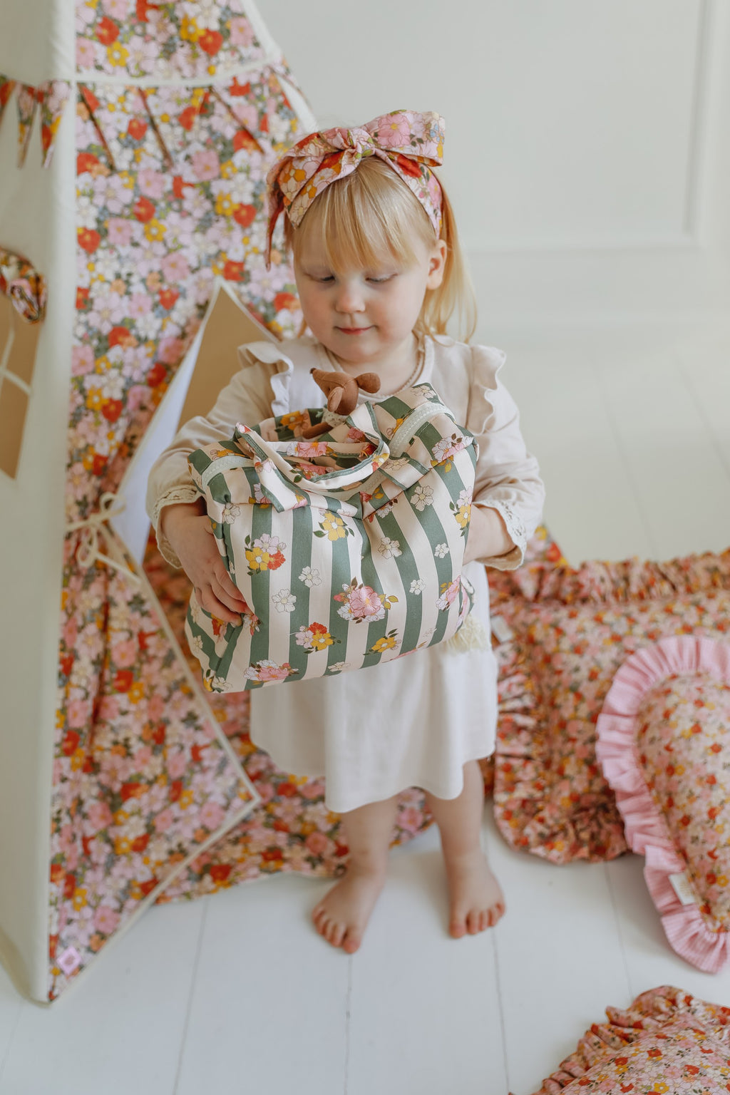 playful green striped makeup bag set for kids treasures and beauty essentials