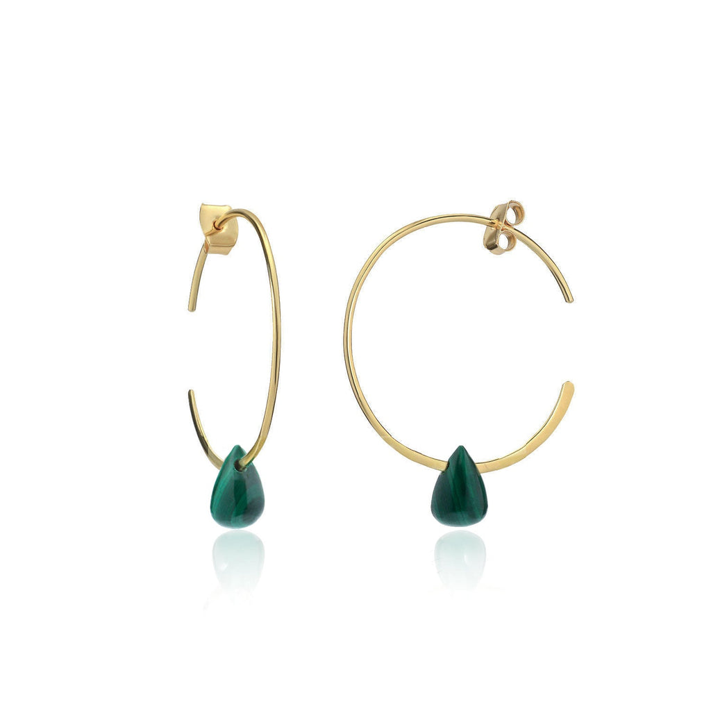 Wire Hoop Earrings with Teardrop Malachite in Gold