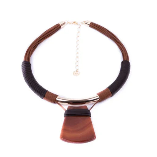 Brown Agate Stone Necklace with Adjustable Gold Plating