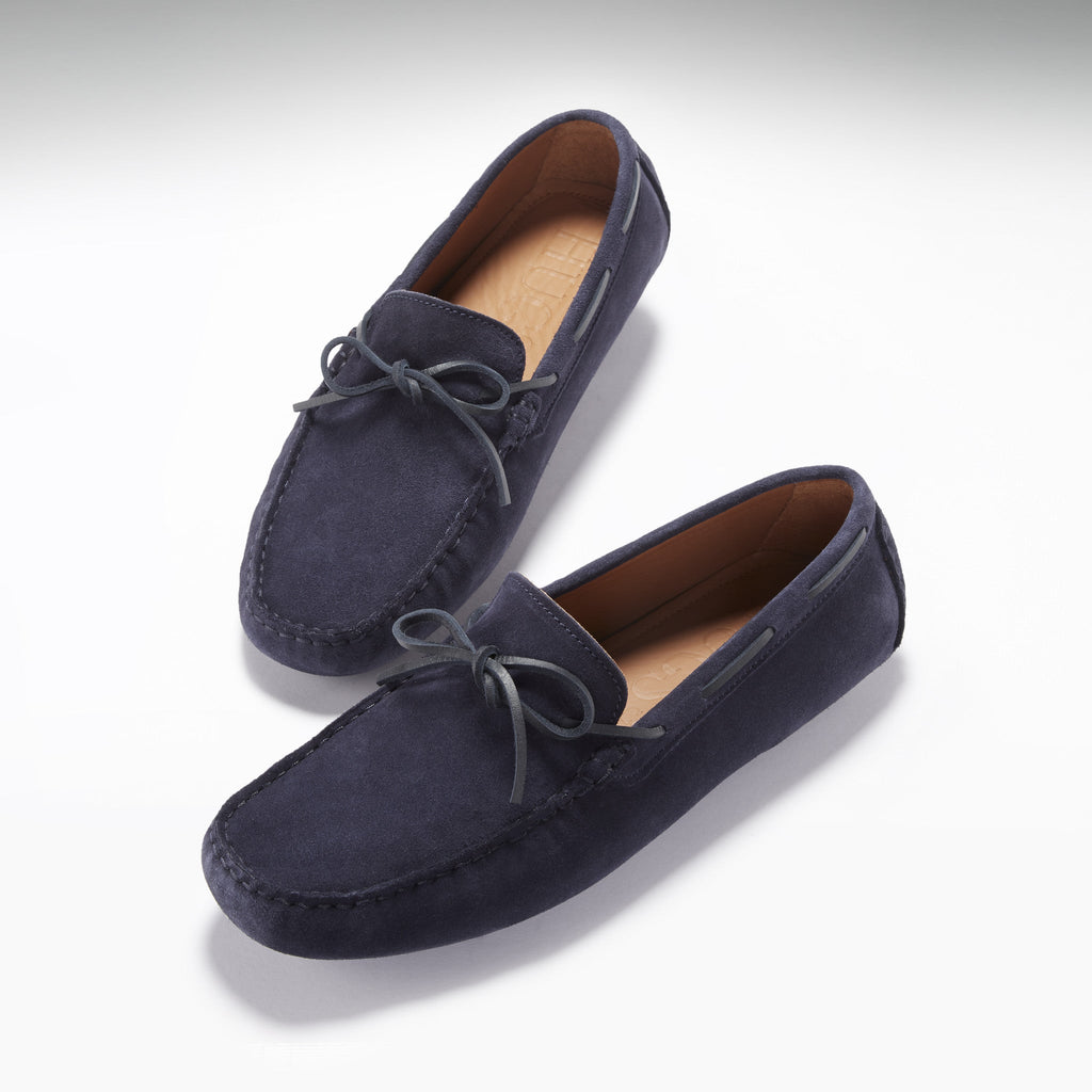 Navy Blue Suede Driving Loafers with Lacing