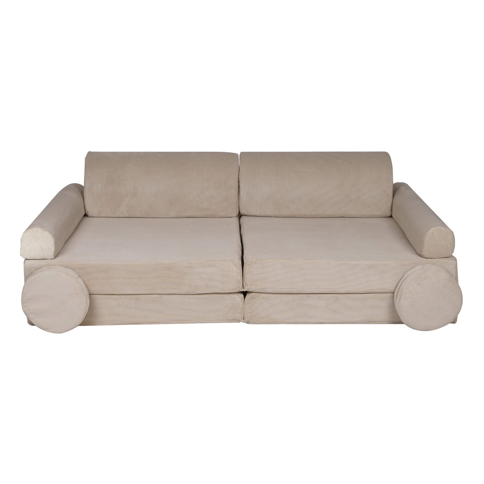 ecru corduroy children's sofa with two poufs in a soft, elegant playroom setting