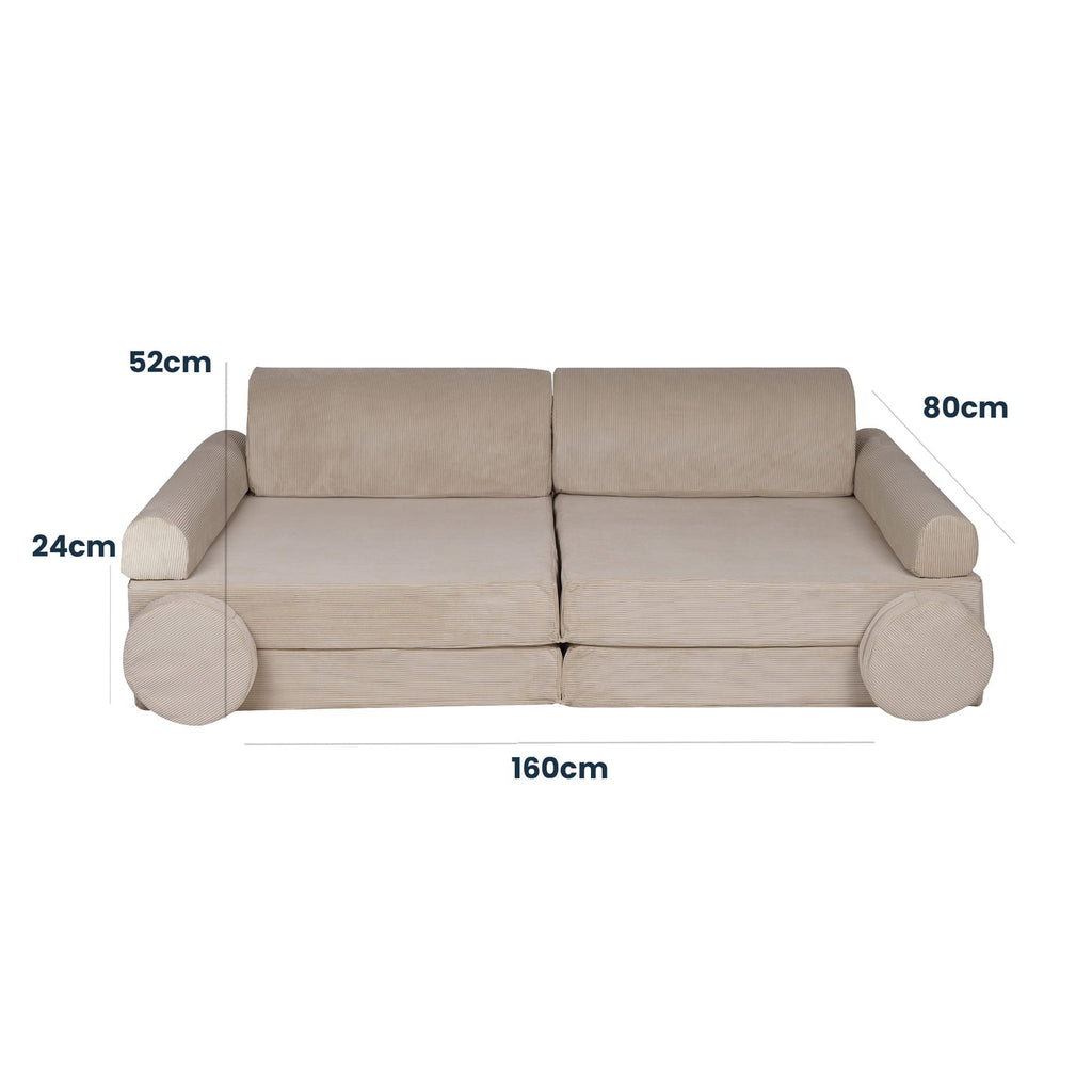 a child's ecru corduroy sofa with two poufs arranged for a cozy afternoon nap