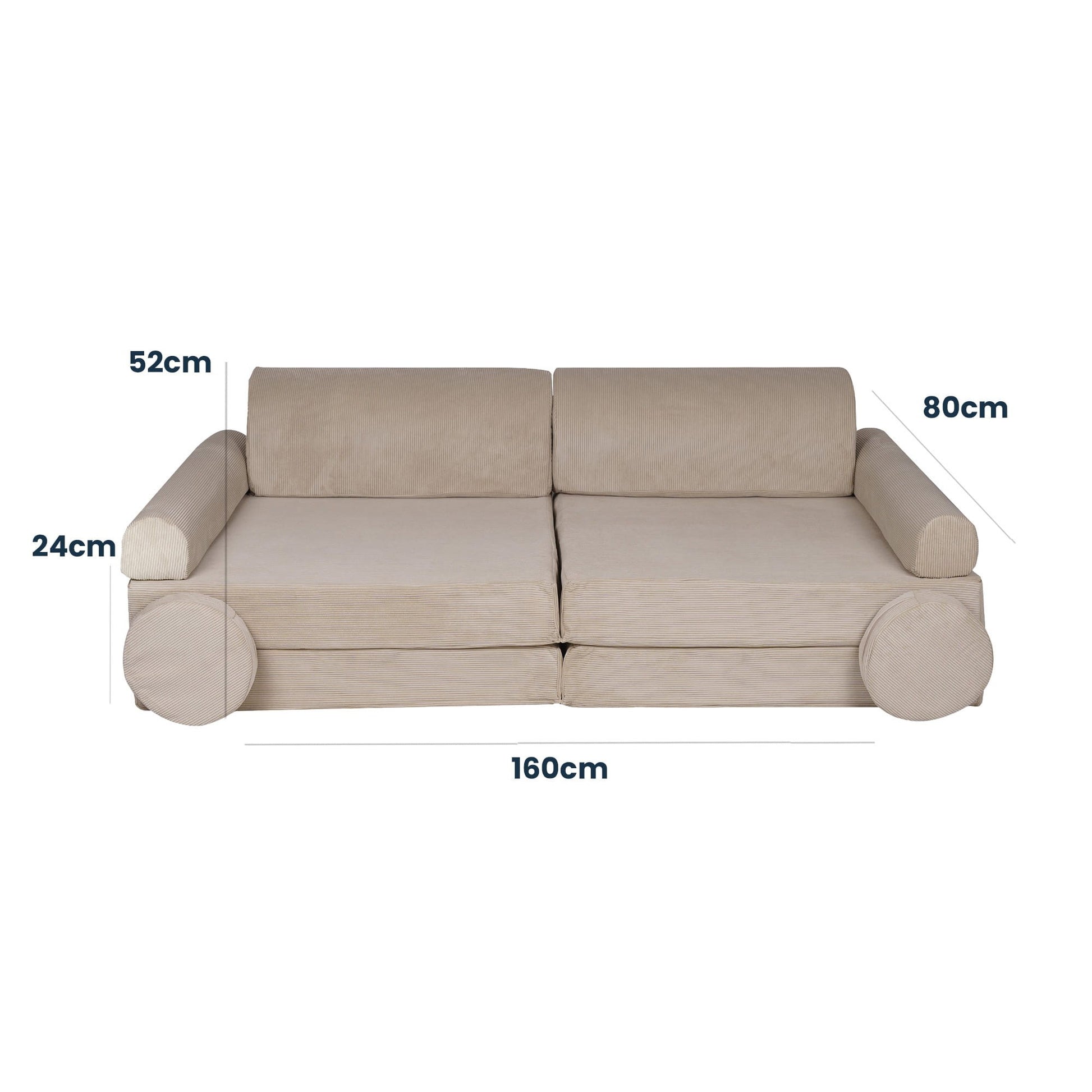 a child's ecru corduroy sofa with two poufs arranged for a cozy afternoon nap