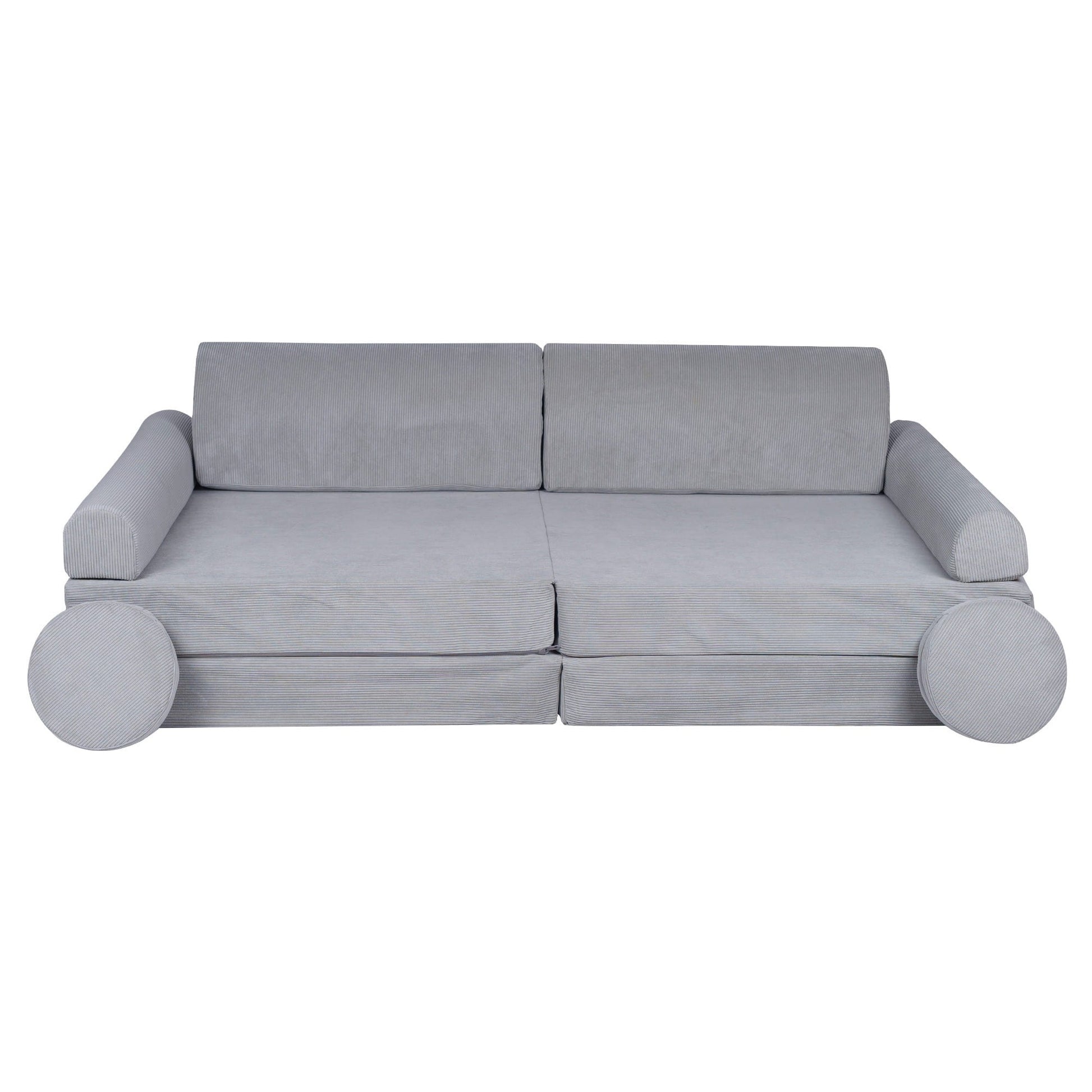 gray corduroy kids sofa bed shown in a bright playroom with two matching poufs arranged practically for storage