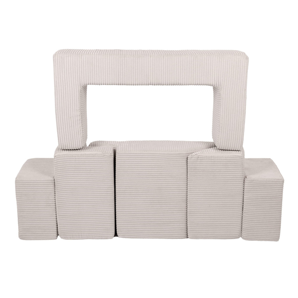 ecru modular play sofa pieces arranged in a practical l-shaped configuration for daily use