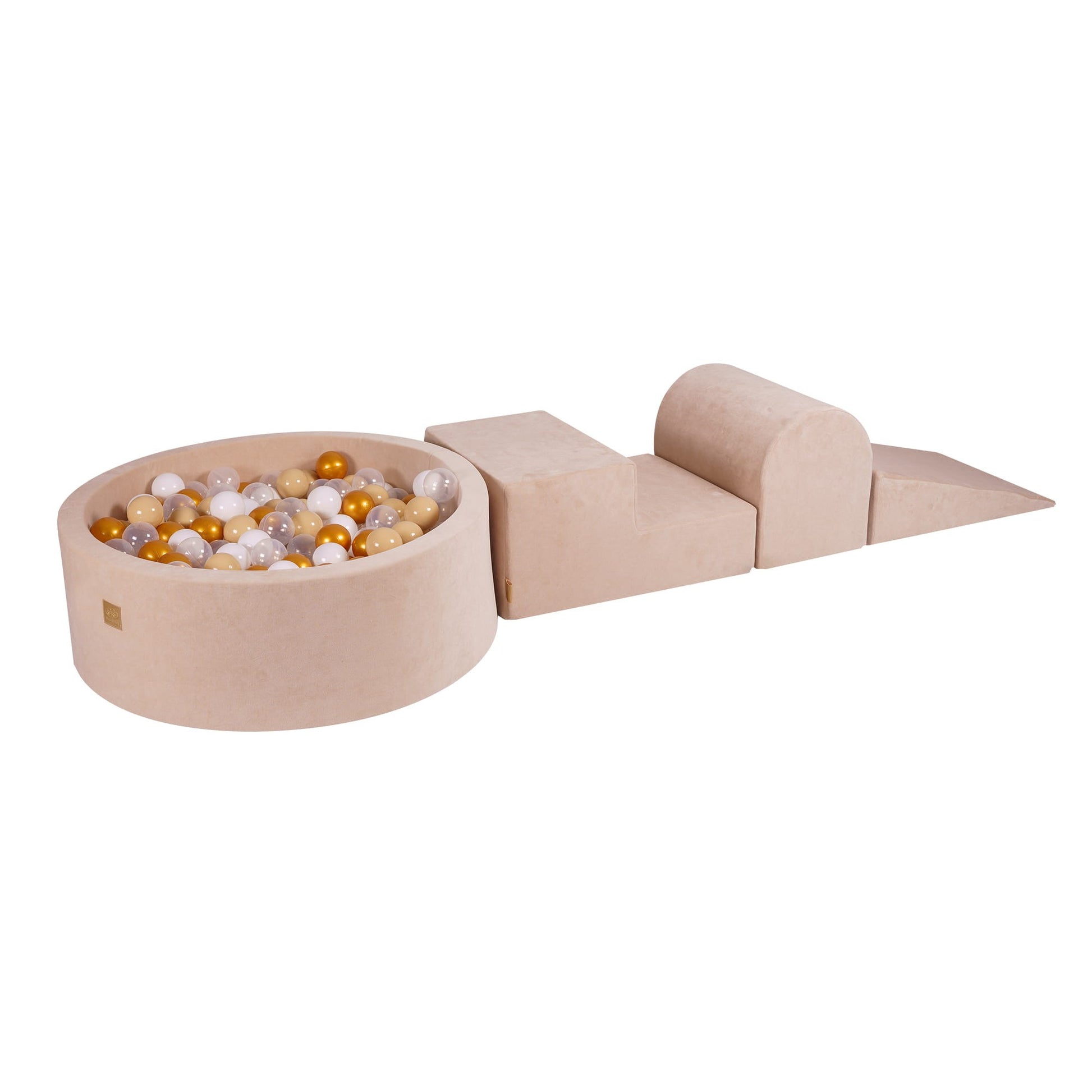 bold gold beige velvet play set with a ball pit in dramatic studio lighting