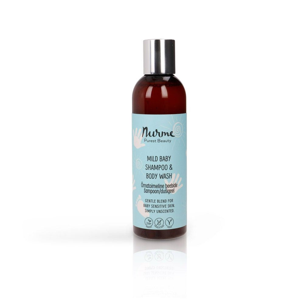 playful close-up of nurme baby shampoo making gentle bubbles in a sunlit bath
