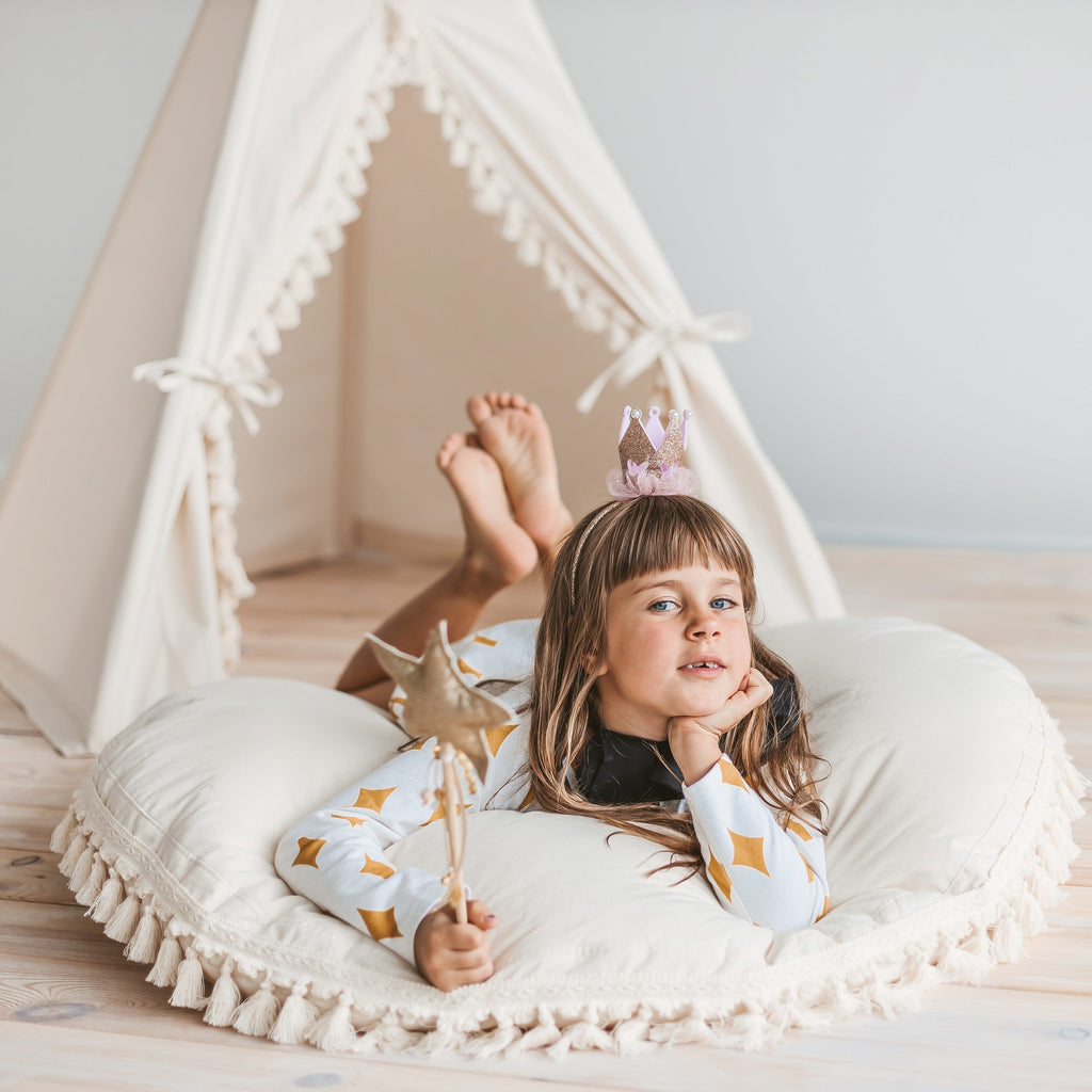 Large Floor Cushion with Tassels in Ecru