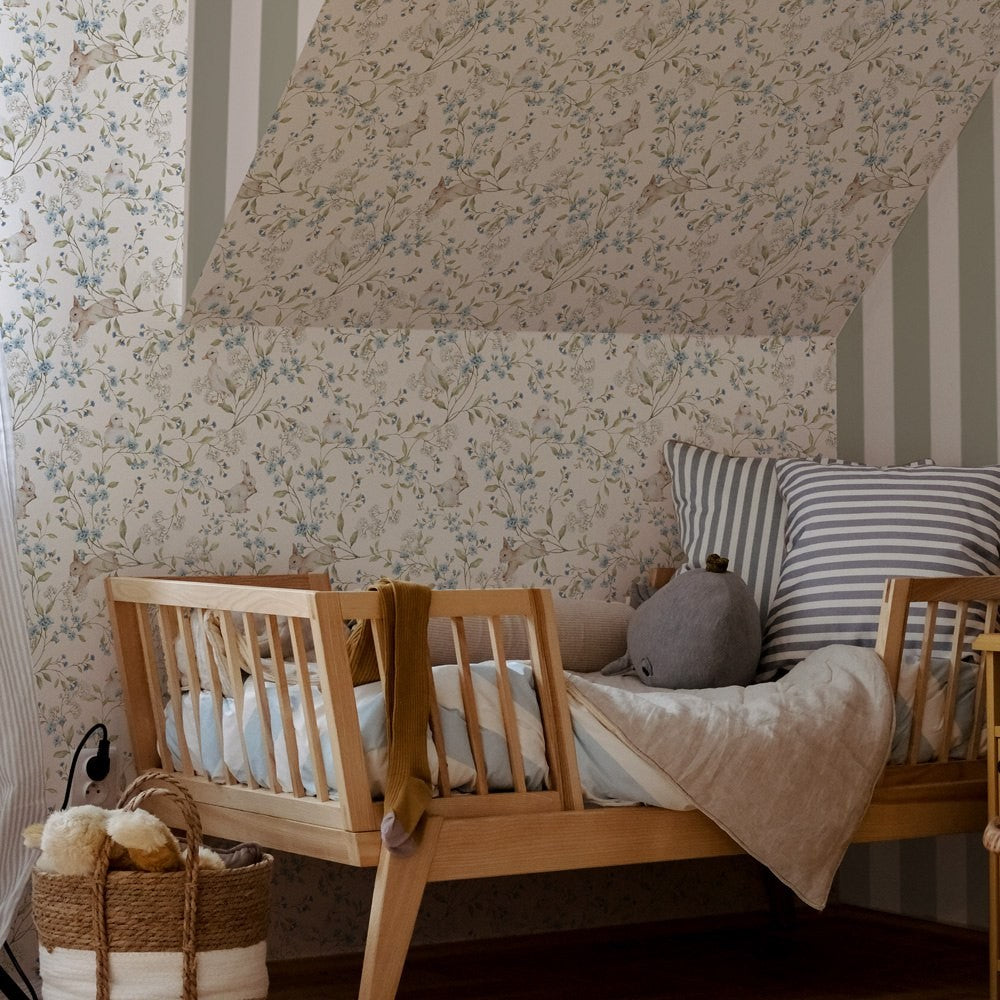 soft beige meadow friends wallpaper with gentle morning light on whimsical bunnies and ducks