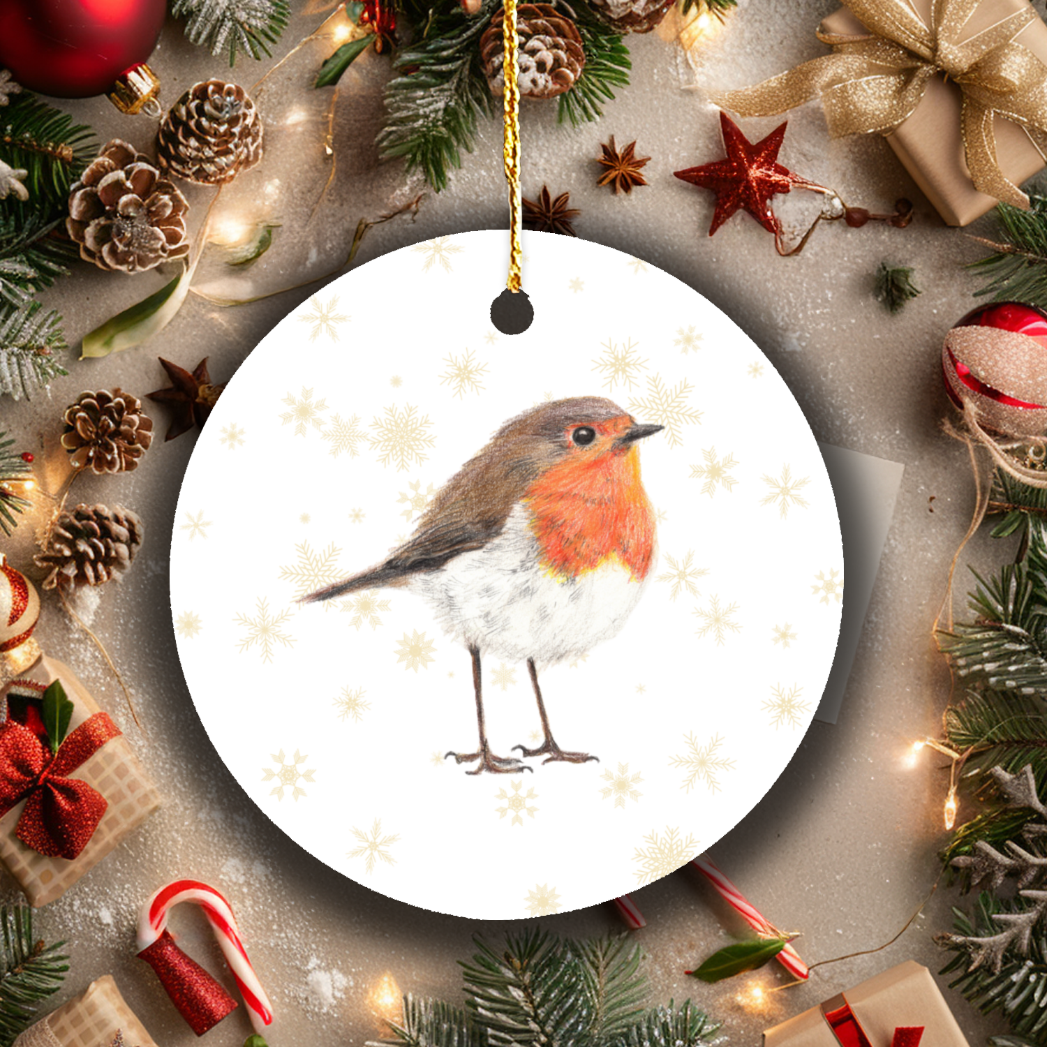 Hand Drawn Robin Christmas Tree Ornament Woodland Wildlife Decor