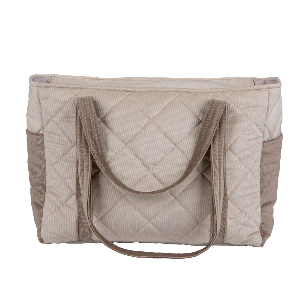 soft beige handmade weekender bag with cozy velvet texture and an adjustable strap