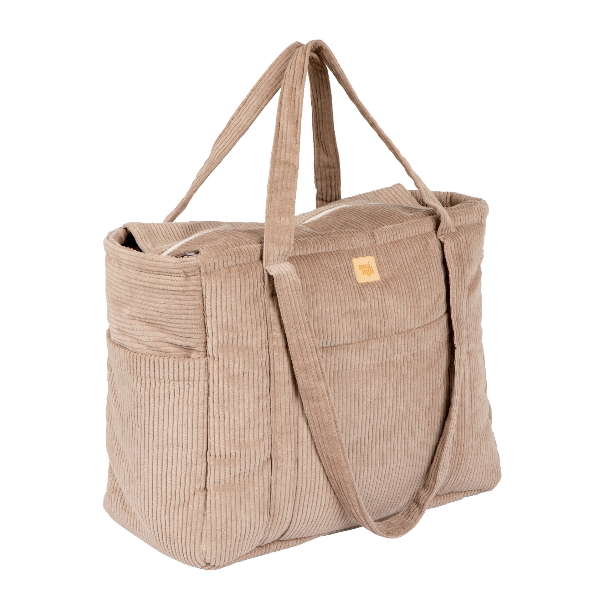 elegant latte weekender bag with multiple pockets and a soft velvet texture