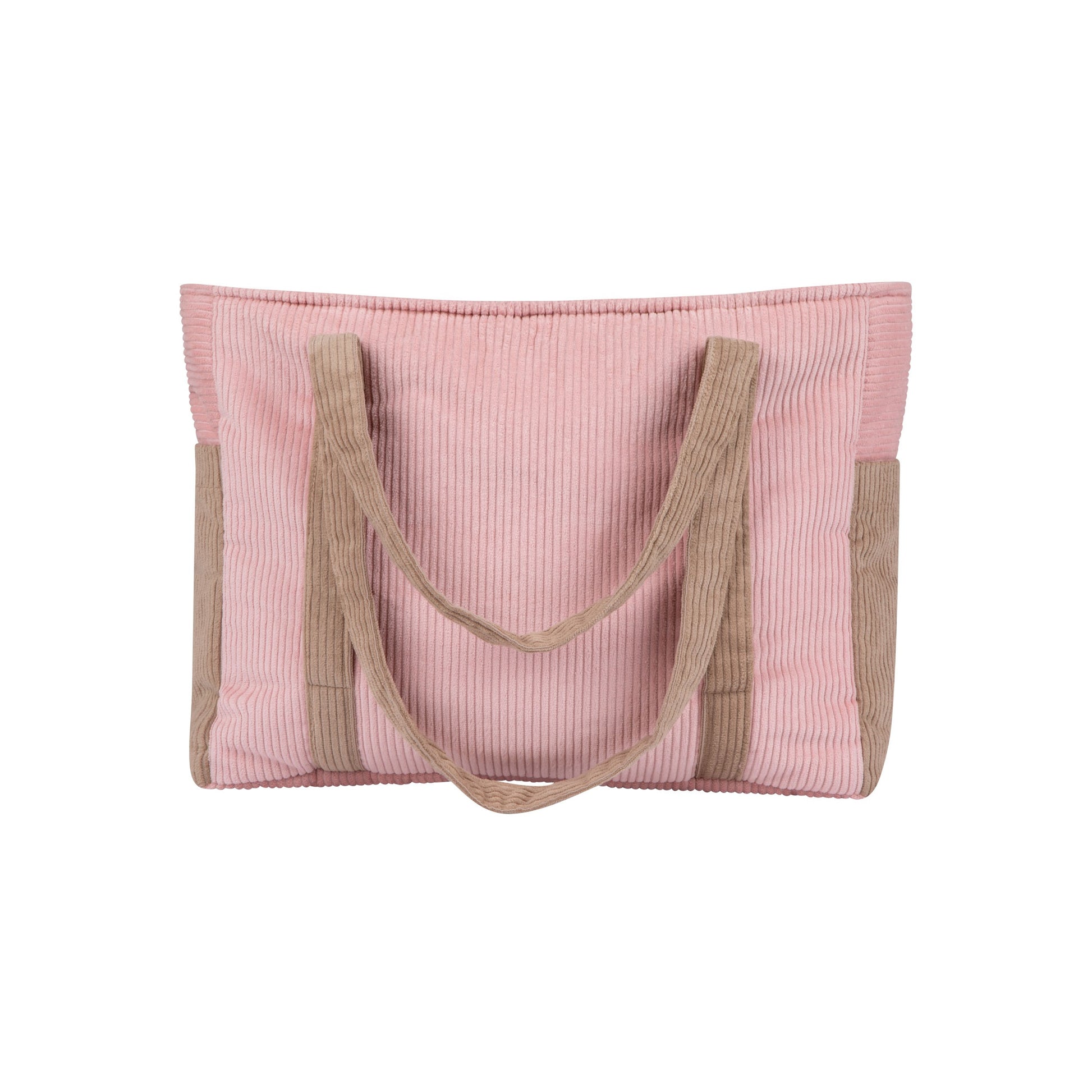 pink velvet weekender bag on a park bench, showing its spacious interior and multiple pockets