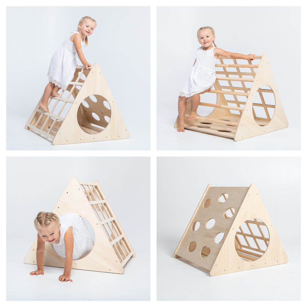 a child's hand gripping the sturdy birch rungs of the montessori climber in a sunlit playroom