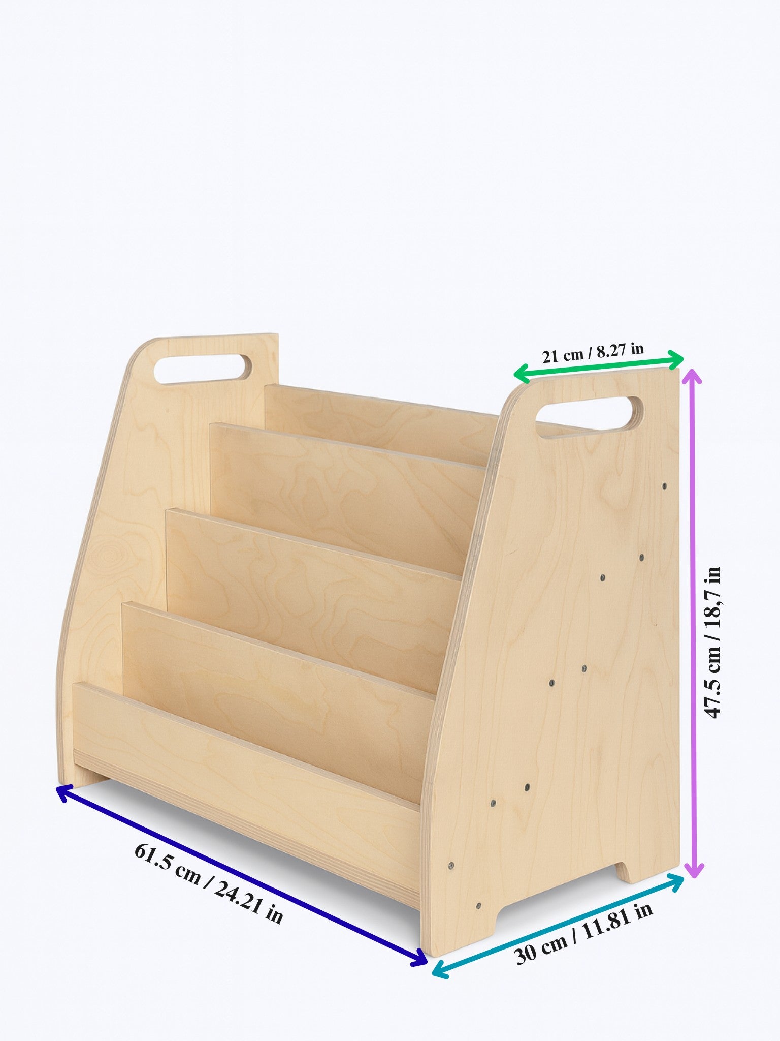 a functional wooden book stand for kids displaying colorful picture books in a bright, organized playroom