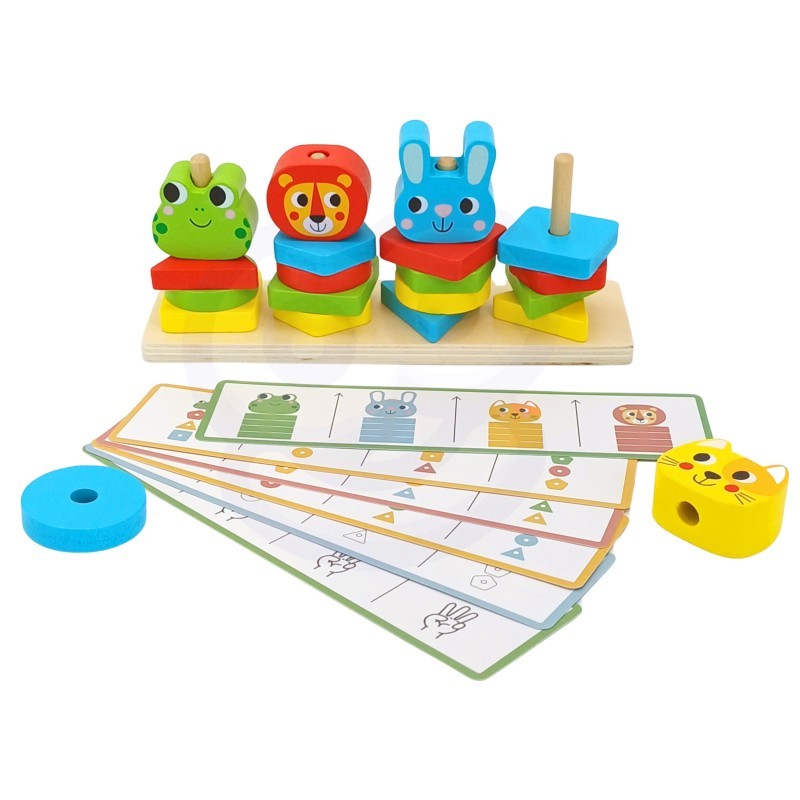 bold close-up of a child's hands building a vibrant montessori animal puzzle pyramid