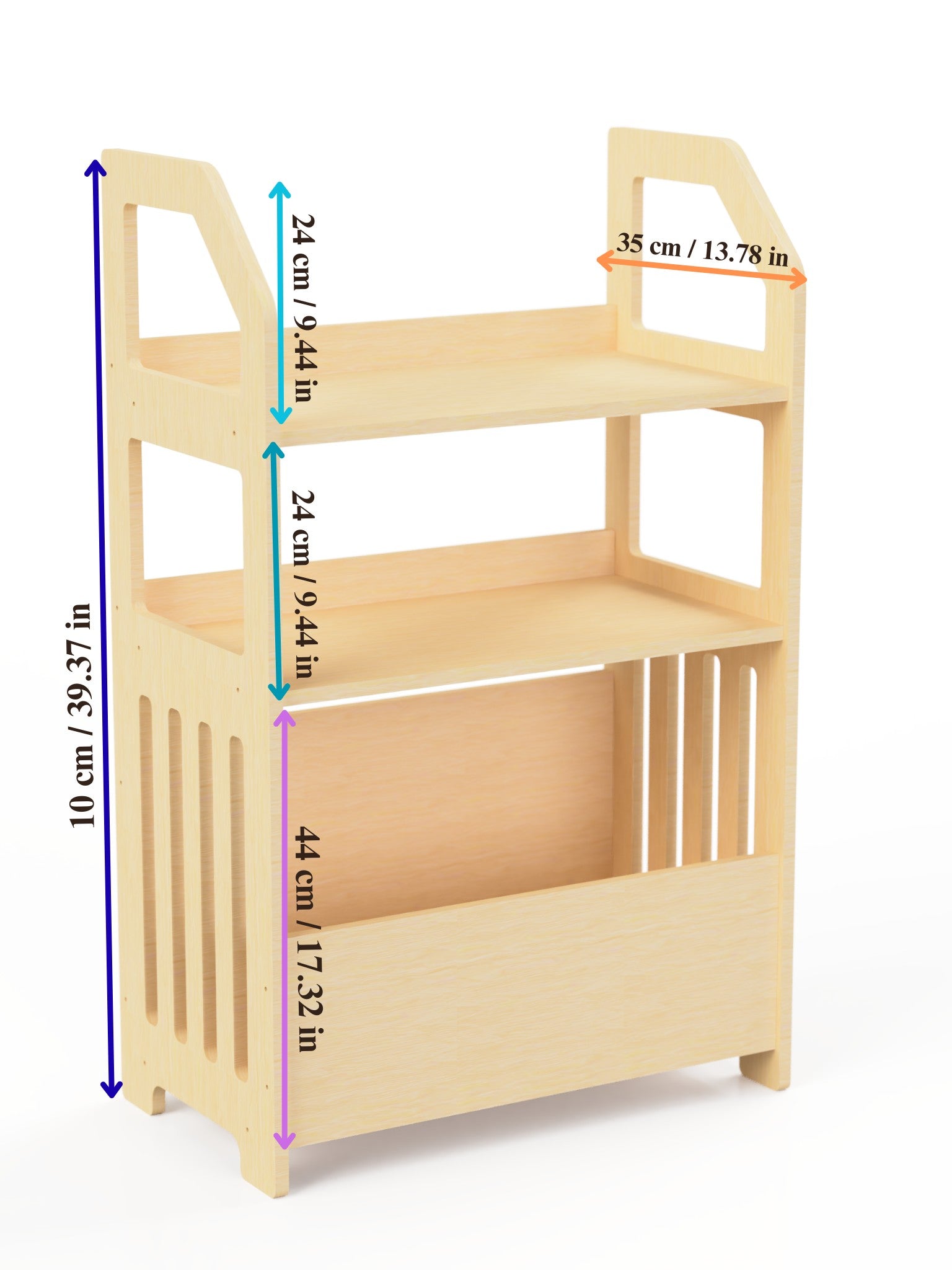 elegant birch plywood montessori shelf in a softly lit room with a leather bag on the bottom shelf