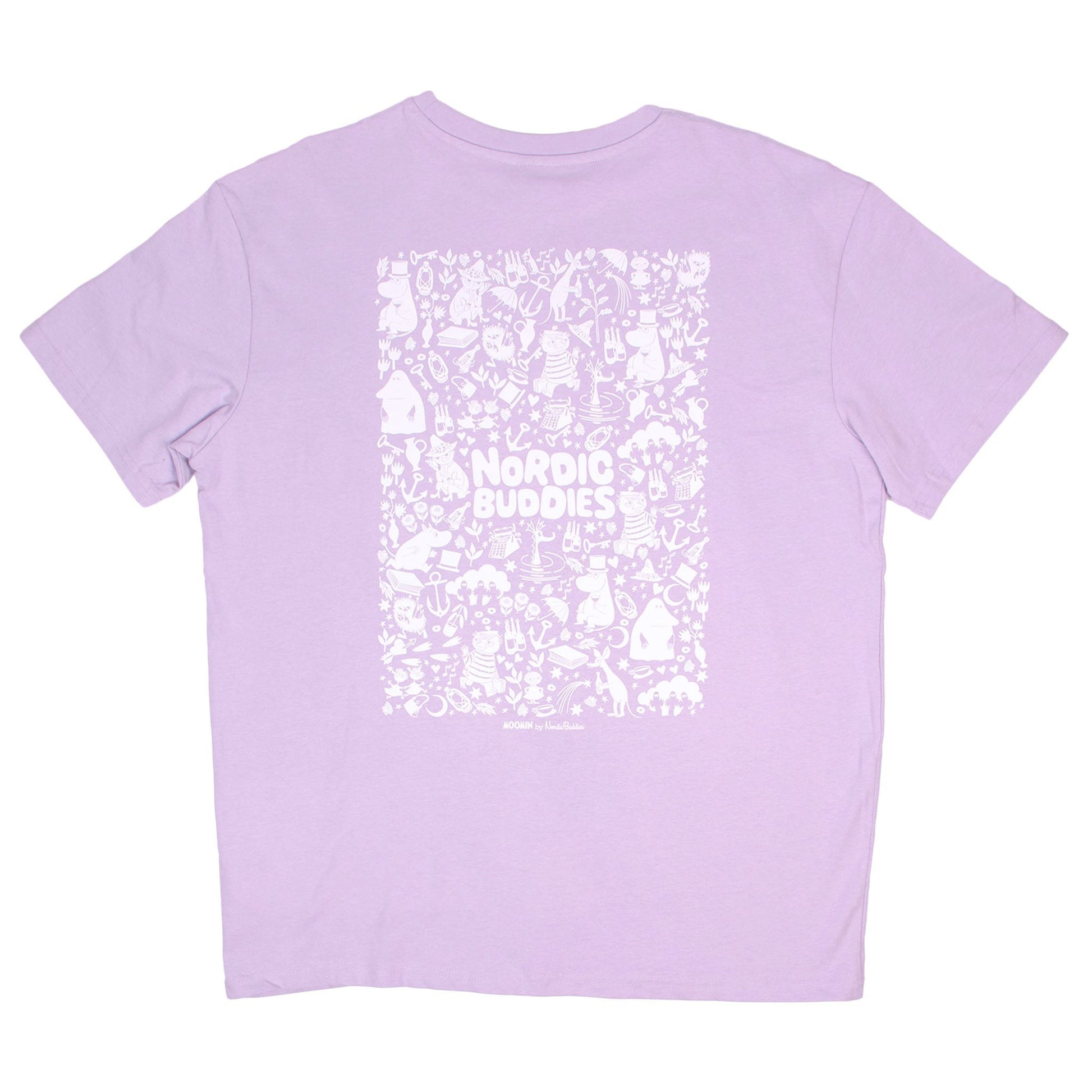 moomin lilac t-shirt laid flat on a wooden table showing its 240gsm heavyweight cotton fabric