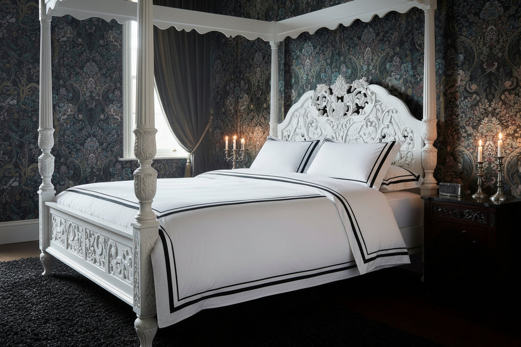 White bed sheet set with black border on a white background on Sostter