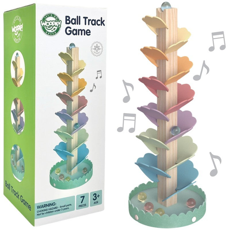 soft pastel rainbow ball track with a single ball rolling down a gentle curve