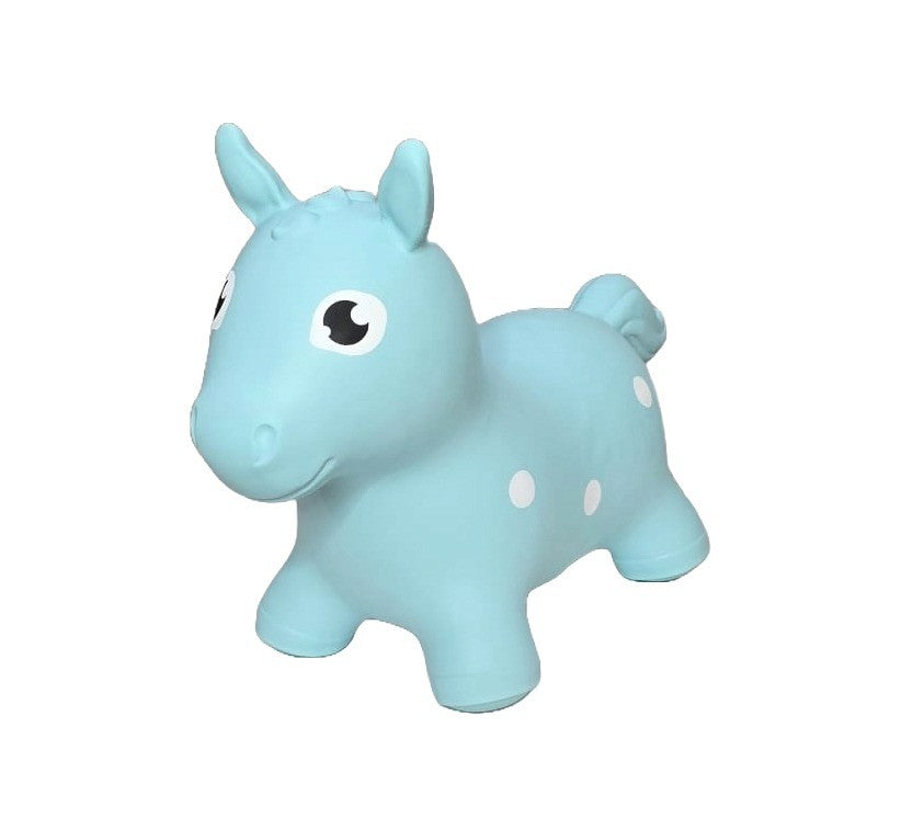 a bold close-up of the vibrant blue jumpy horse hopper on a solid background