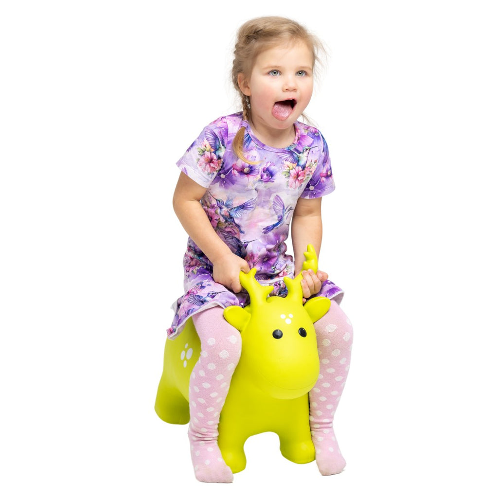 bold green moose hopper toy for kids on a bright adventure-ready background