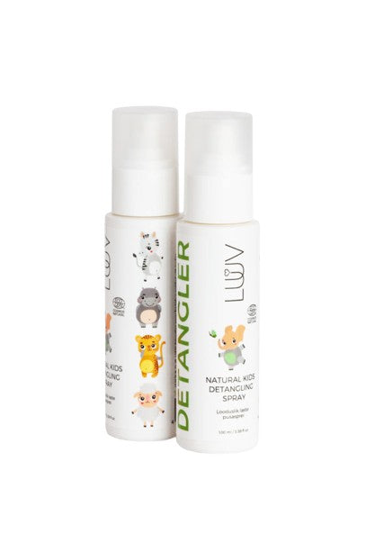 bold close-up of natural kids detangler spray with juicy pear scent
