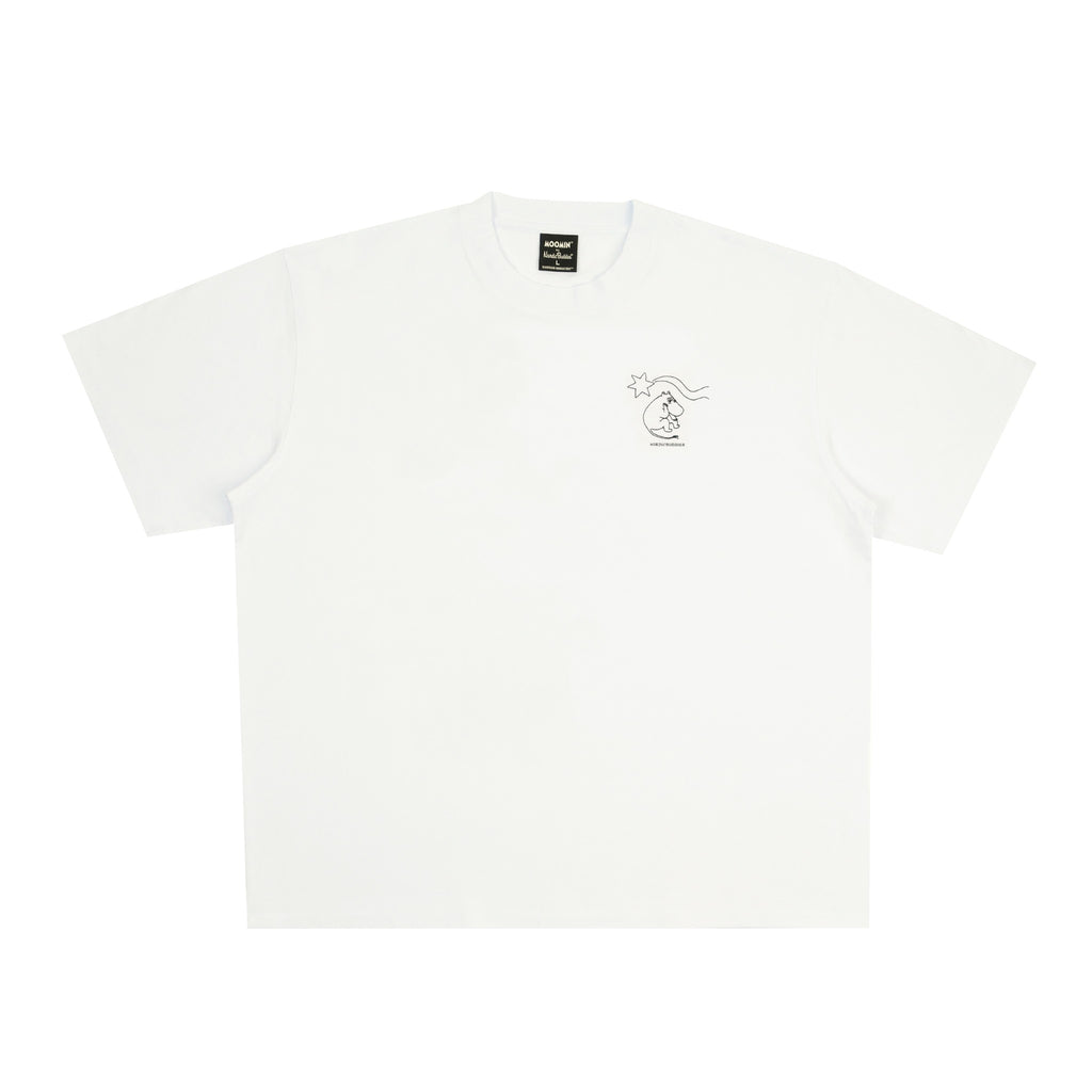confident model wearing a bold white moomin novels t-shirt with a striking back print