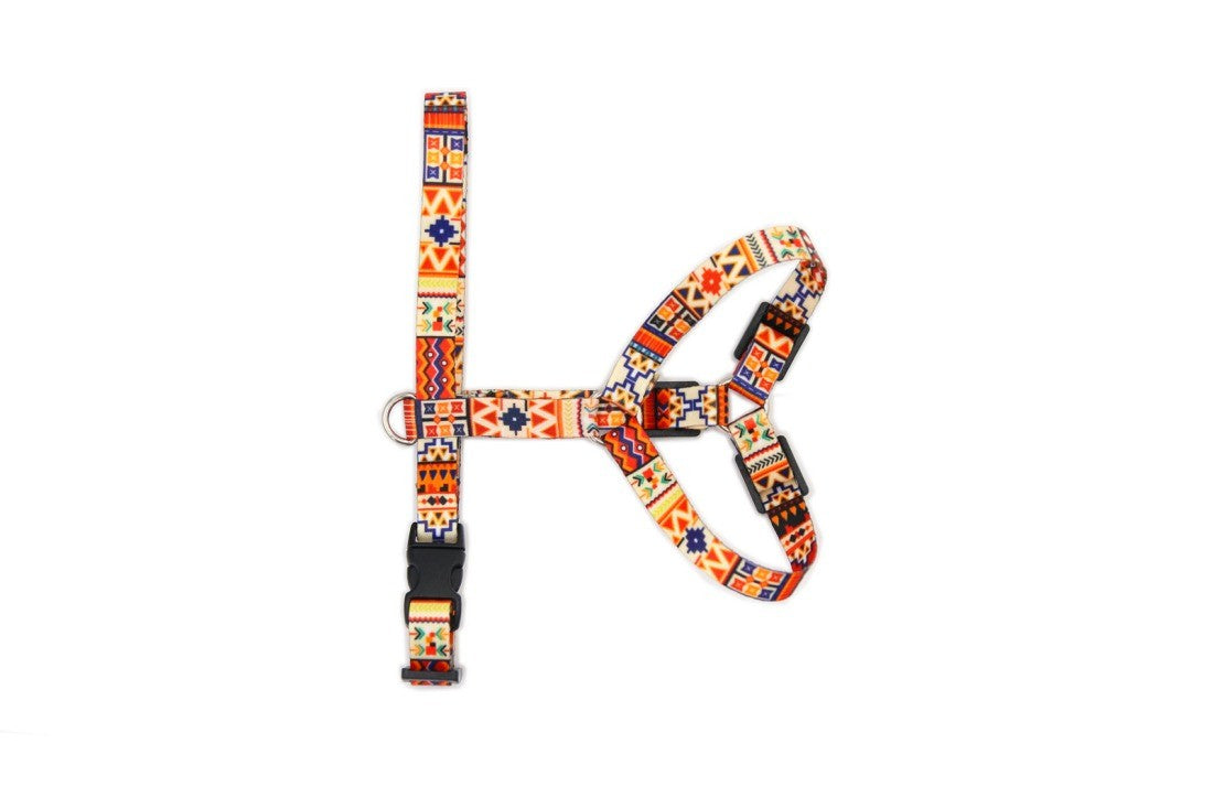 a functional boho dog harness with quick fastening clips and a 25mm woven webbing strap