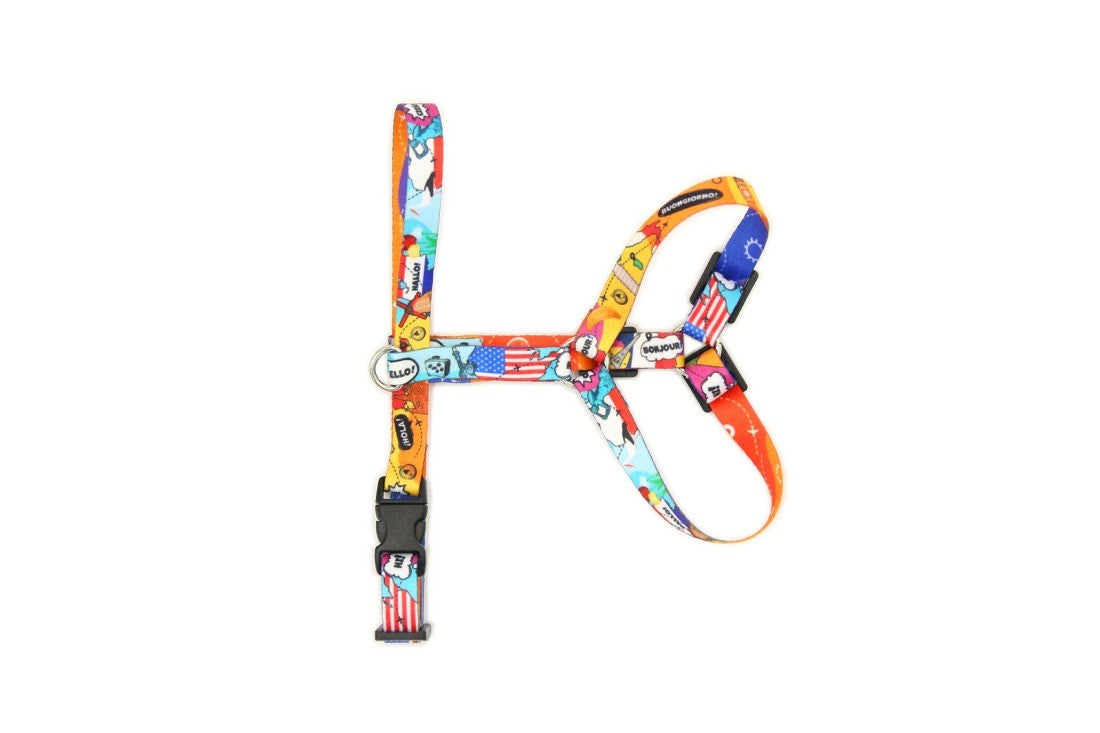 functional pet travel harness with adjustable plastic clips on a neutral background