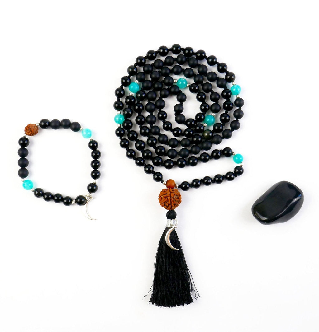 Nyx Mala 108 Beads Meditation Necklace and Bracelet Set in Black Obsidian and Sterling Silver