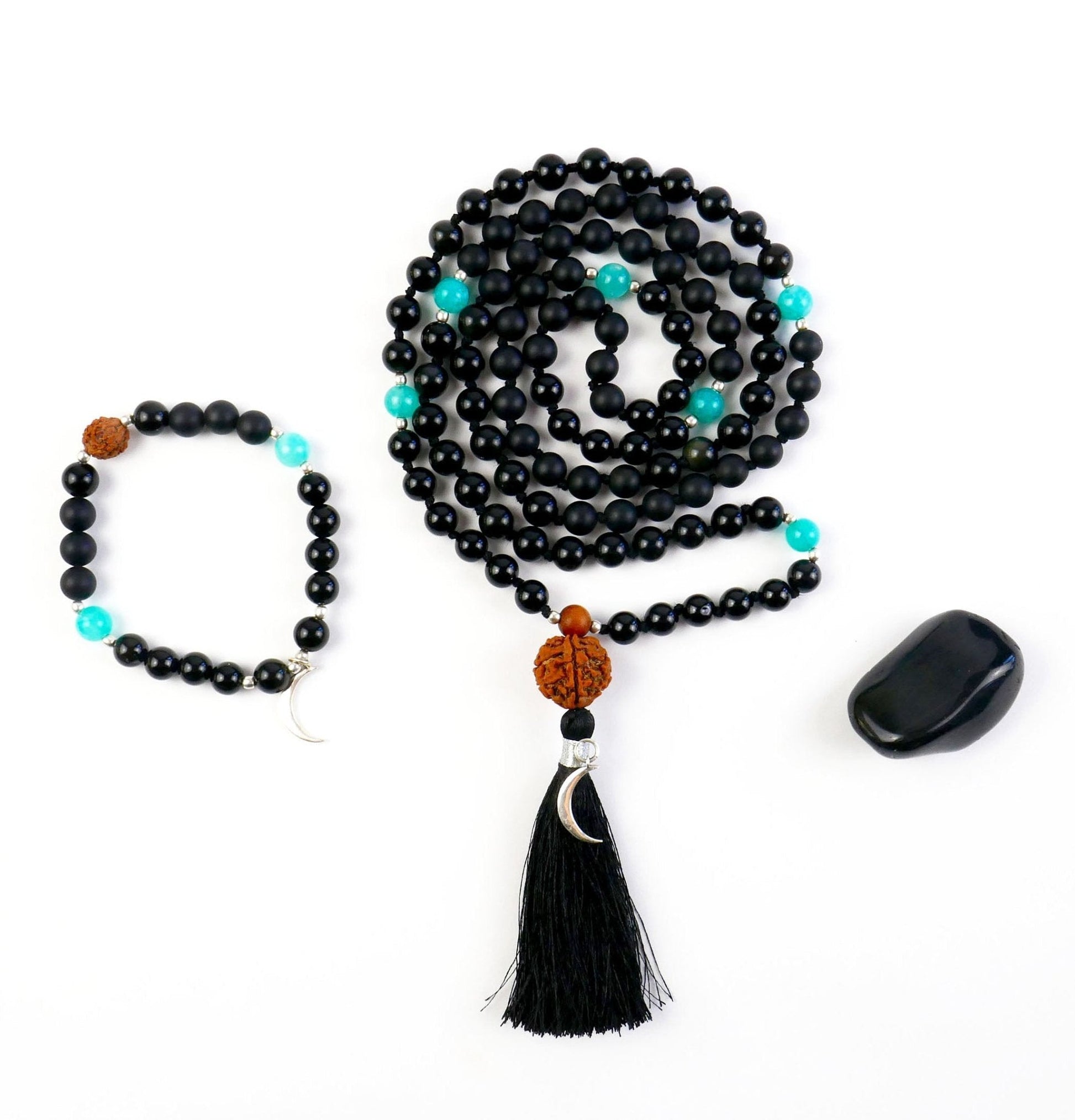 Nyx Mala 108 Beads Meditation Necklace and Bracelet Set in Black Obsidian and Sterling Silver