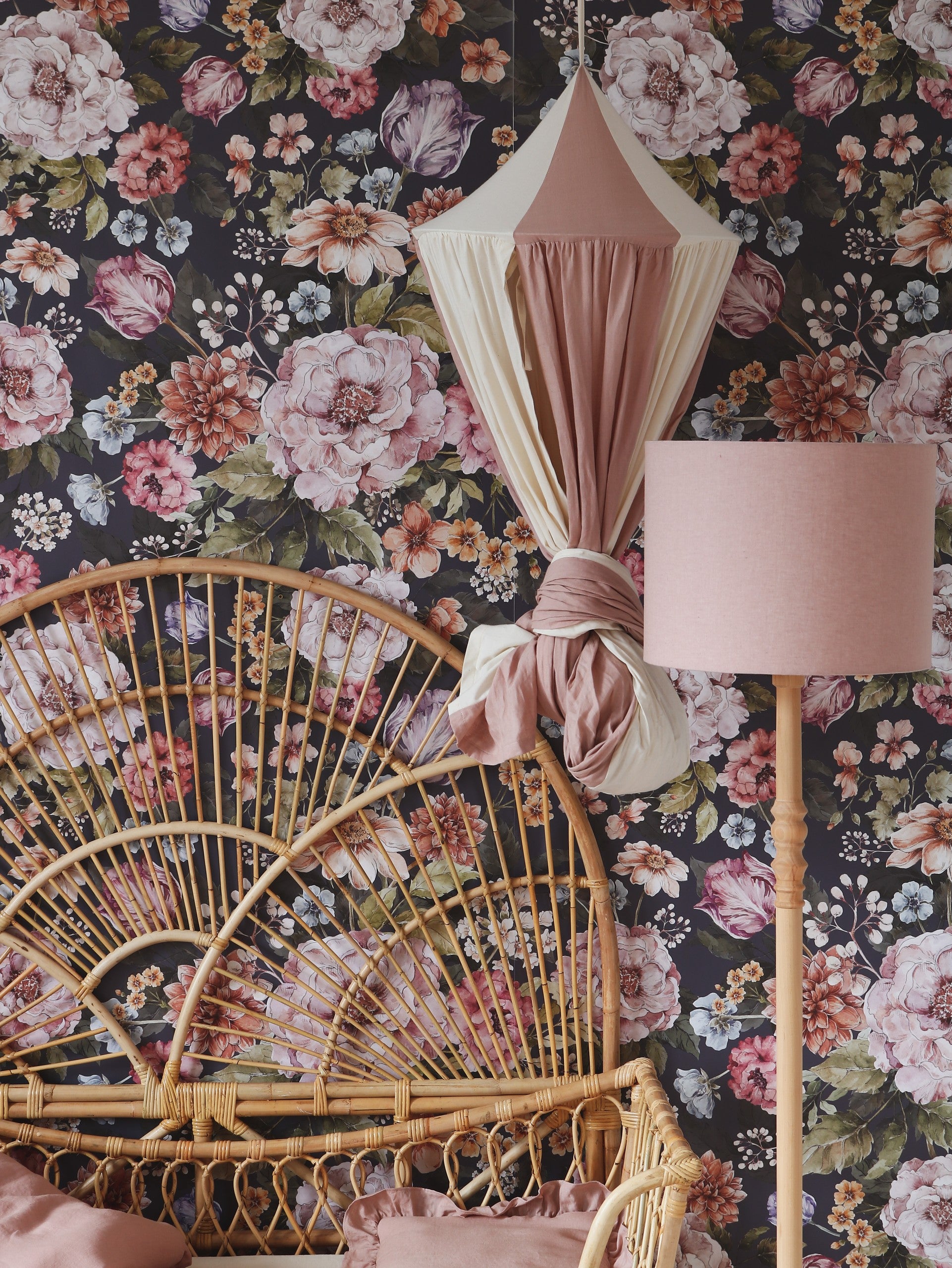 elegant powder pink organic cotton linen canopy with soft drapes in a refined nursery setting