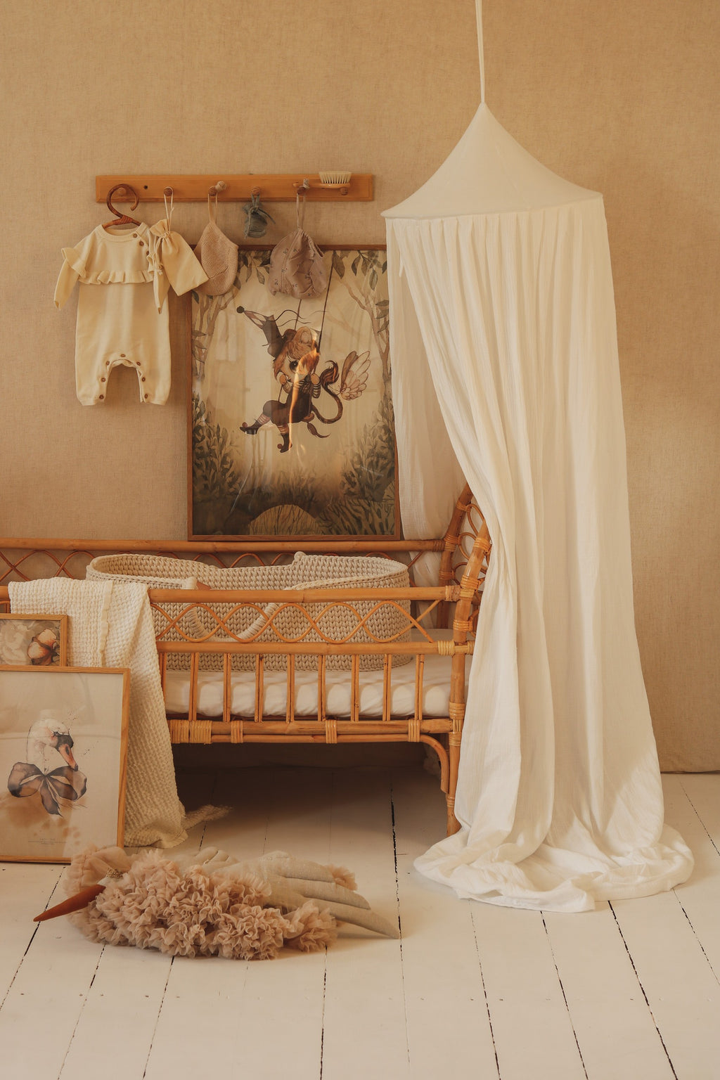 soft cream cotton canopy draped gently over a serene reading nook, glowing in warm afternoon light