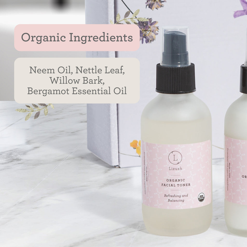 gentle morning light on a bottle of organic lavender and bergamot facial toner