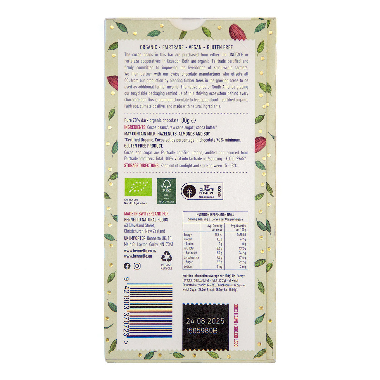 70 Percent Organic Dark Chocolate Bar