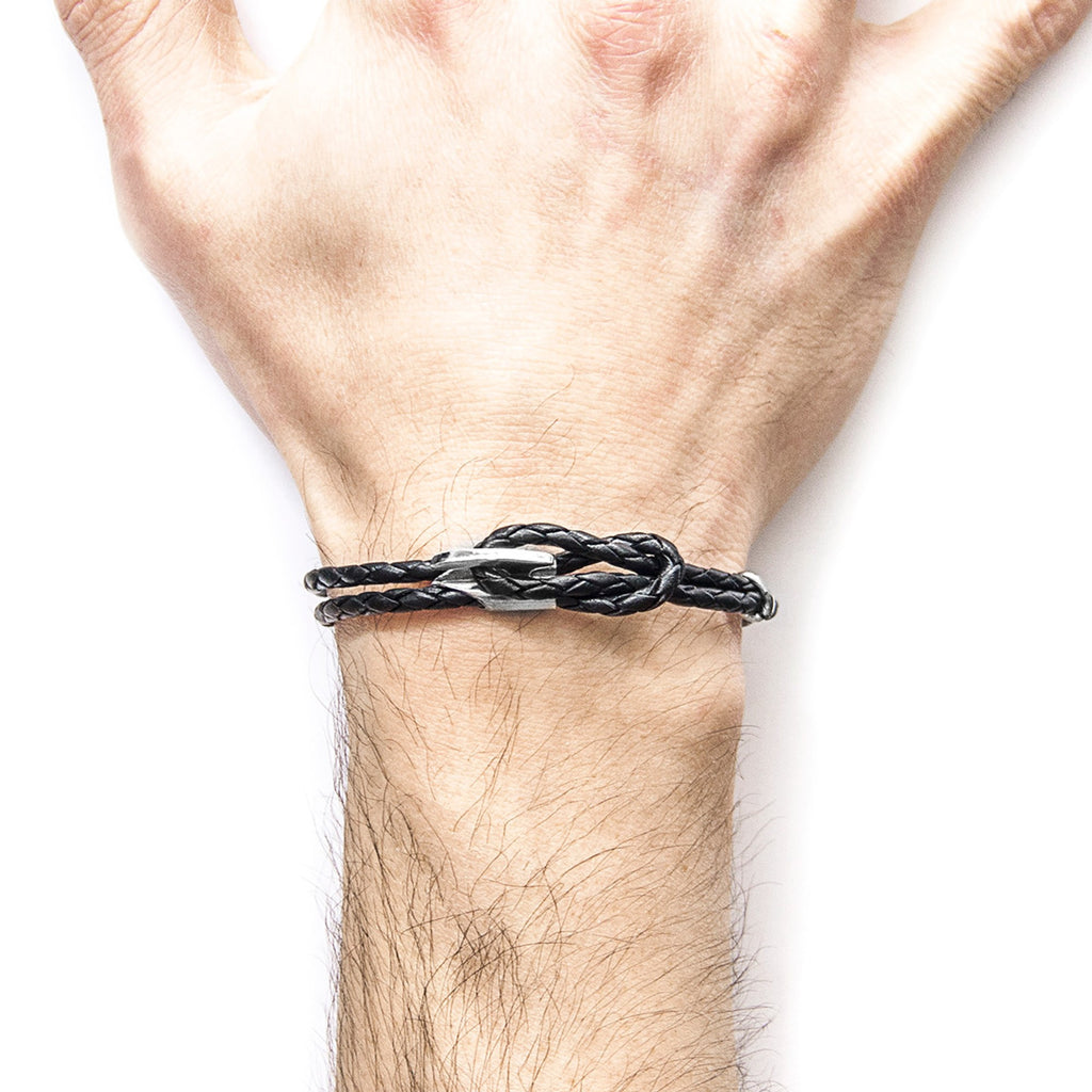 Embrace Timeless Elegance with the Coal Black Padstow Silver and Braided Leather Bracelet by ANCHOR & CREW at www.brixbailey.com