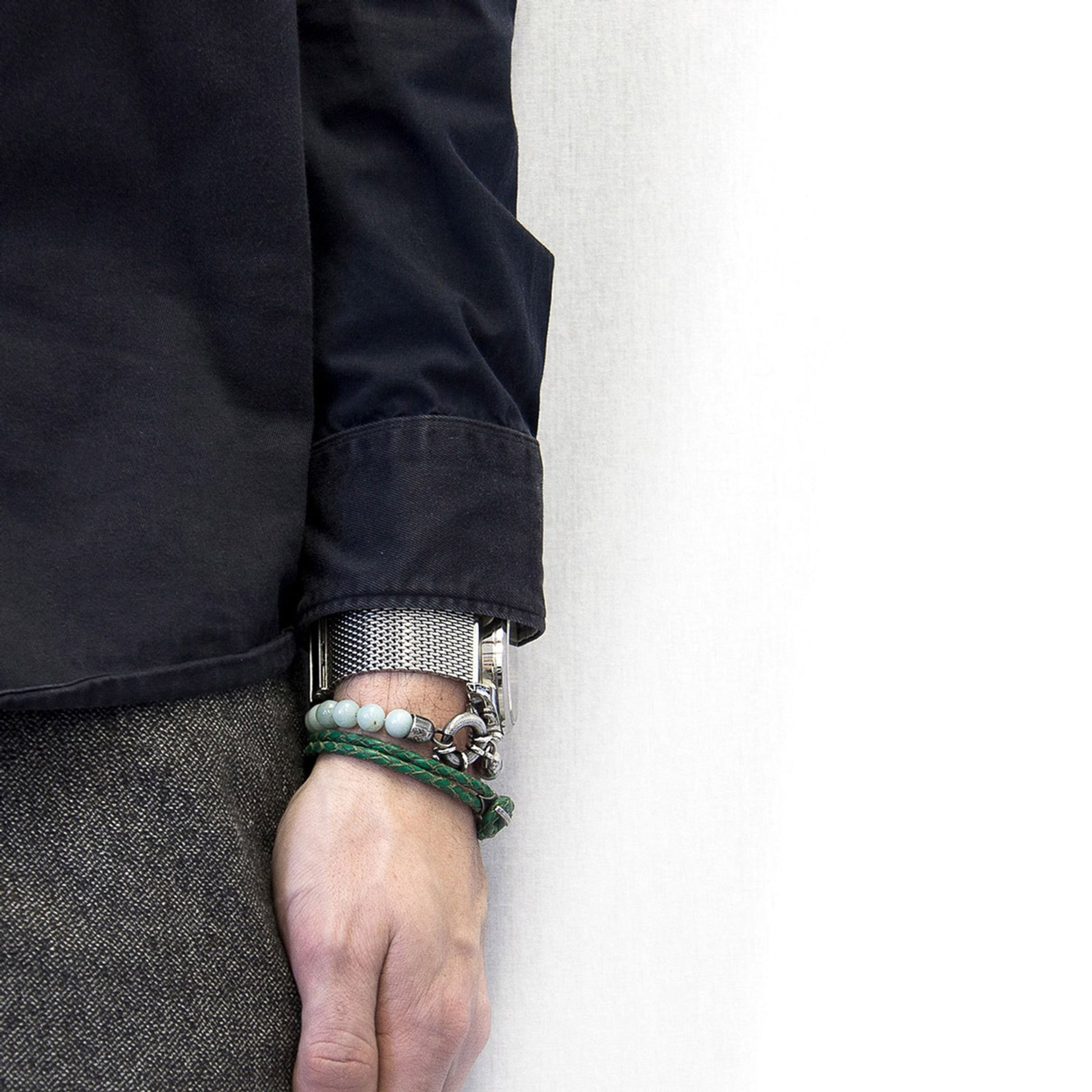 Padstow Silver and Braided Leather Bracelet - Fern Green