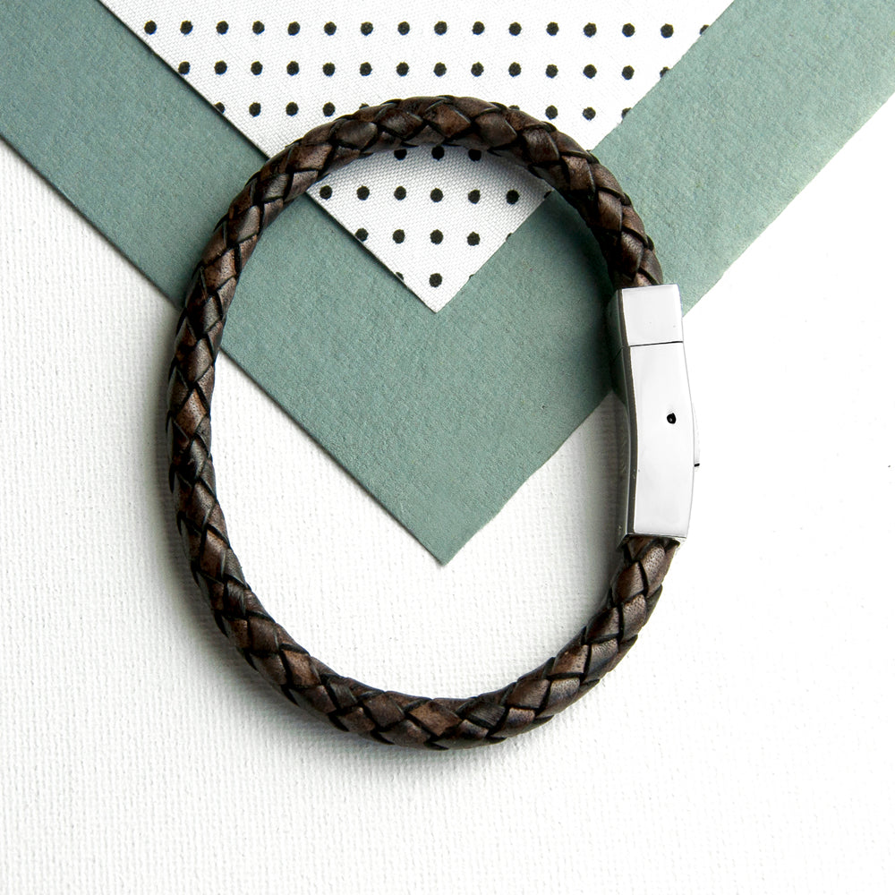 Personalised Men's Leather Bracelet with Tube Clasp