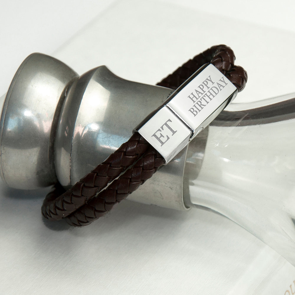 Personalised Men's Dual Leather Woven Bracelet in Umber