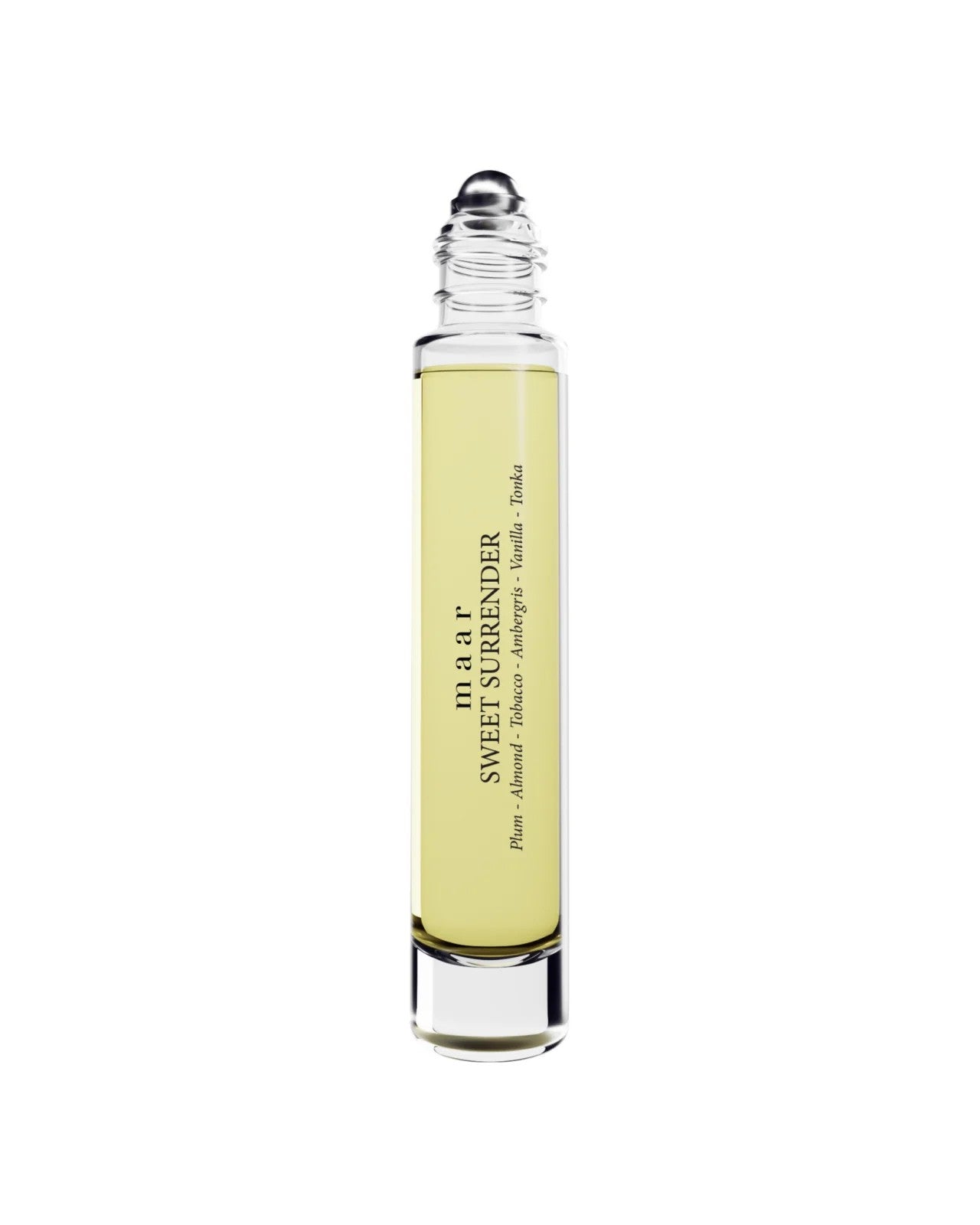 close-up of sweet surrender perfume oil bottle resting on soft fabric, a comforting unisex scent of plum and almond