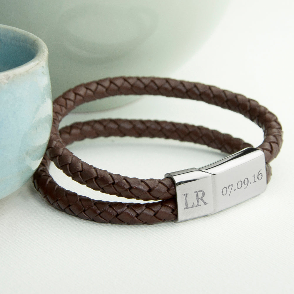 Personalised Men's Dual Leather Woven Bracelet in Umber