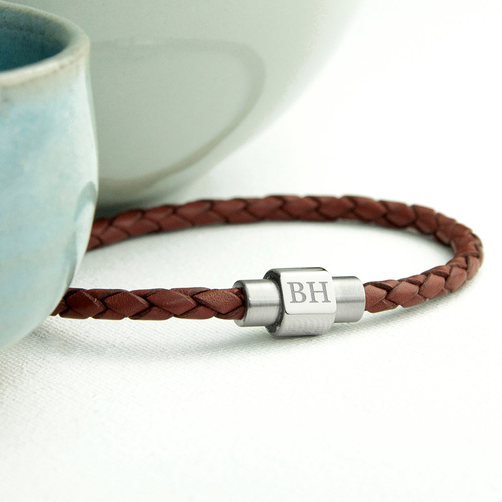 Personalised Burnt Sienna Woven Leather Bracelet for Men