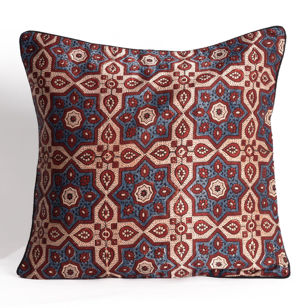Hand Block Print Star Flower Cushion Cover Blue Off White