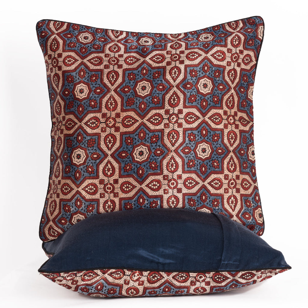 Hand Block Print Star Flower Cushion Cover Blue Off White