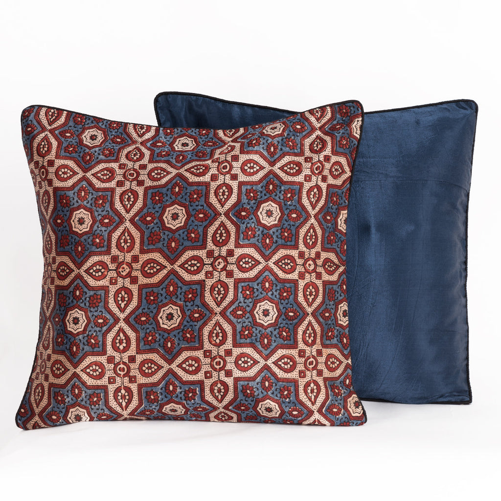 Hand Block Print Star Flower Cushion Cover Blue Off White